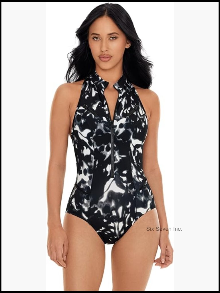 High Neck Racerback Underwire Zip One Piece Swimsuit